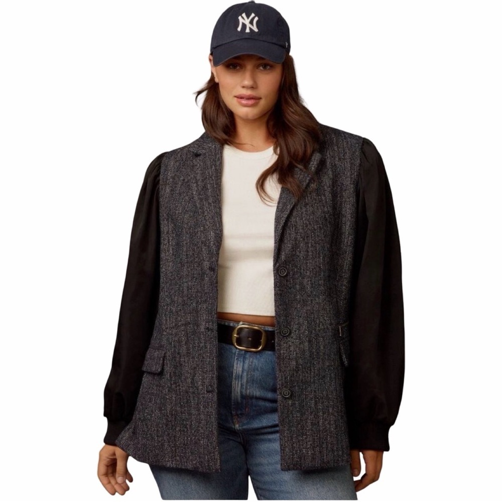 ANTHROPOLOGIE Maeve Mixed Media Tweed Black Gray Bomber Jacket Sz 6